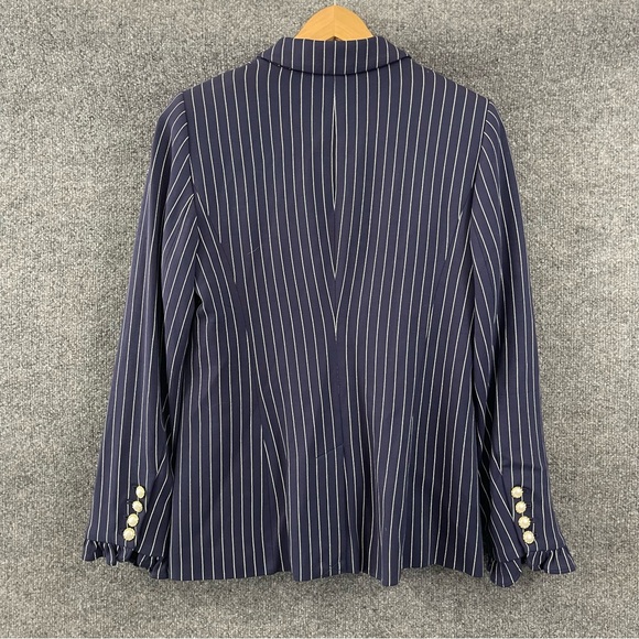 Chicos Blazer Jacket Womens 4/6 Navy White Pinstripe Ruffle Sleeve Office - Picture 2 of 10